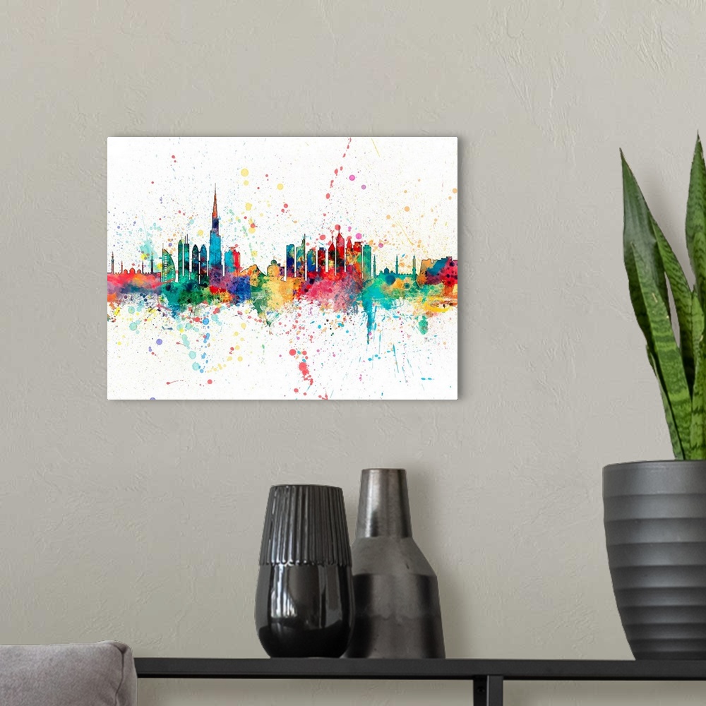 A modern room featuring Watercolor art print of the skyline of Dubai, United Arab Emirates.