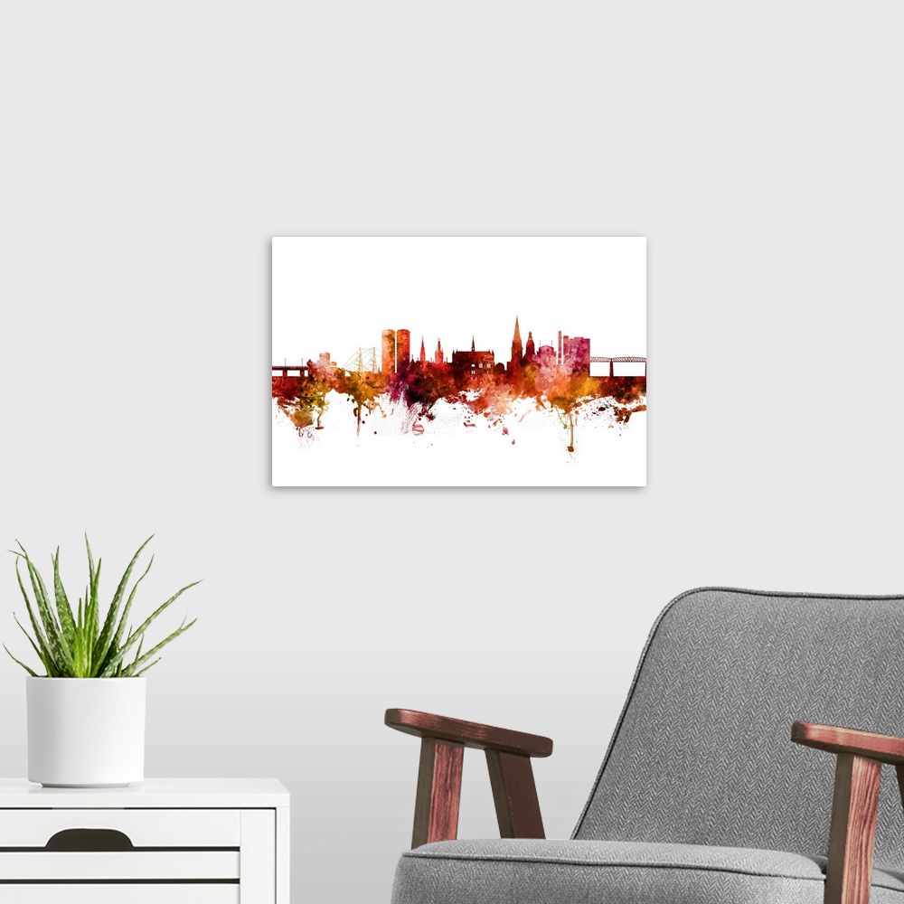 A modern room featuring Watercolor art print of the skyline of Dundee, Scotland, United Kingdom.