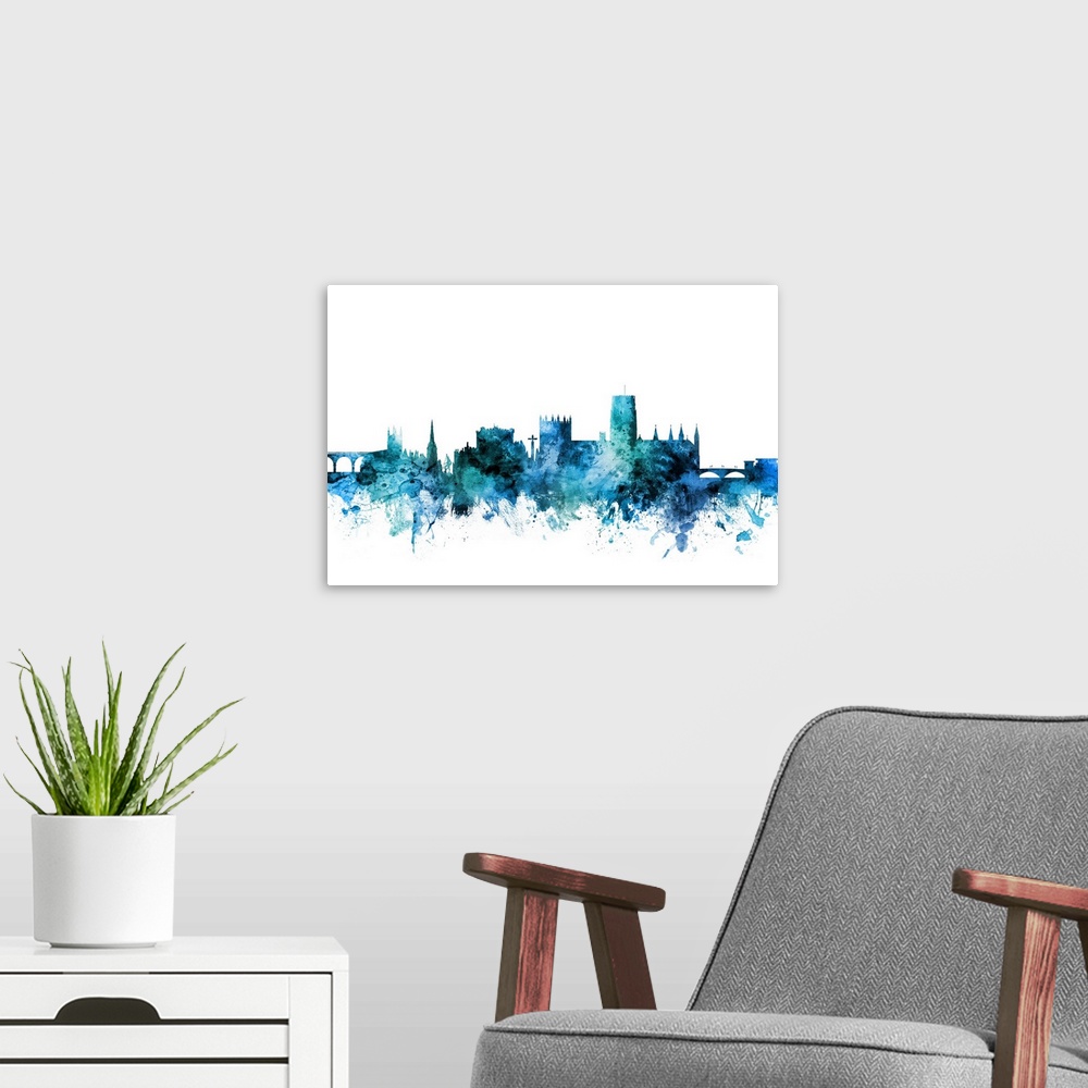 A modern room featuring Watercolor art print of the skyline of Durham, England.