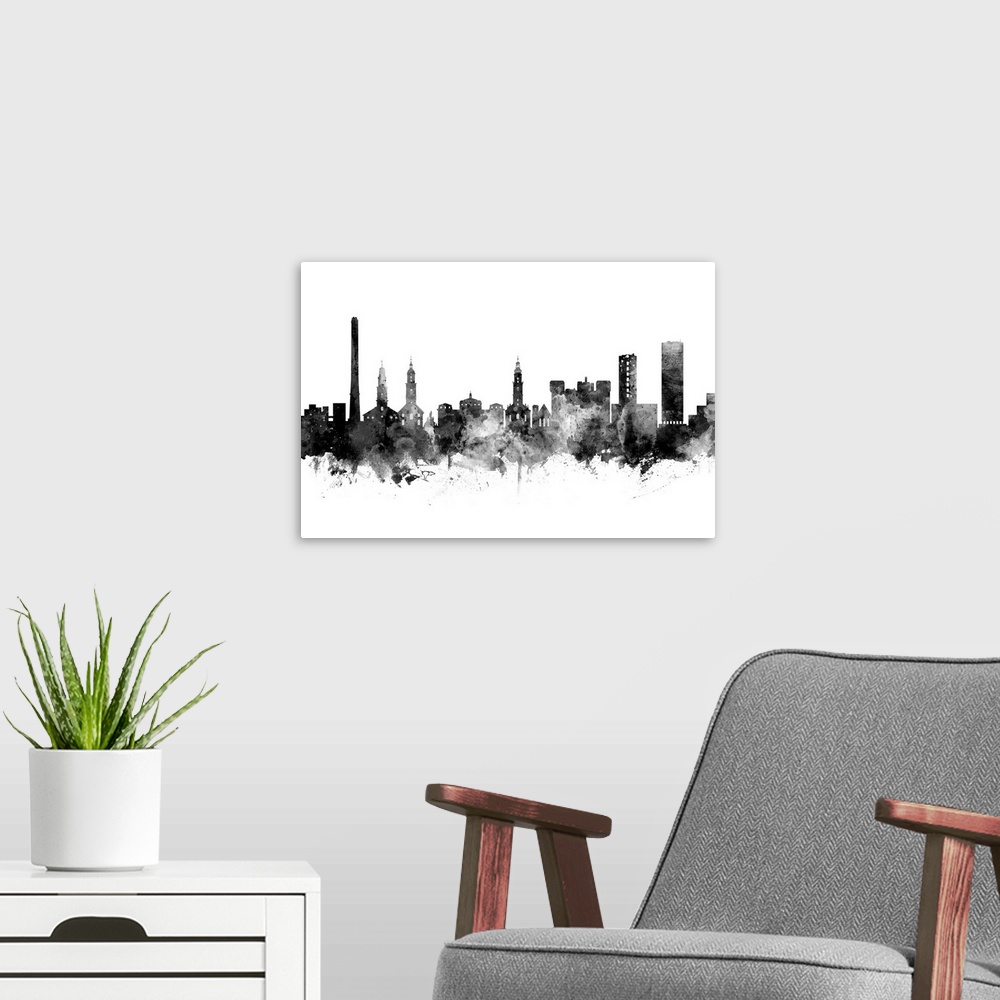 A modern room featuring Watercolor art print of the skyline of Erlangen, Germany.