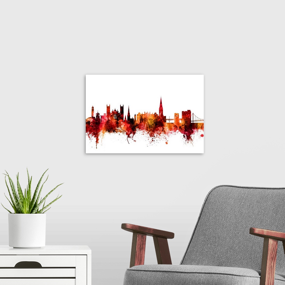A modern room featuring Watercolor art print of the skyline of Exeter, England, United Kingdom.