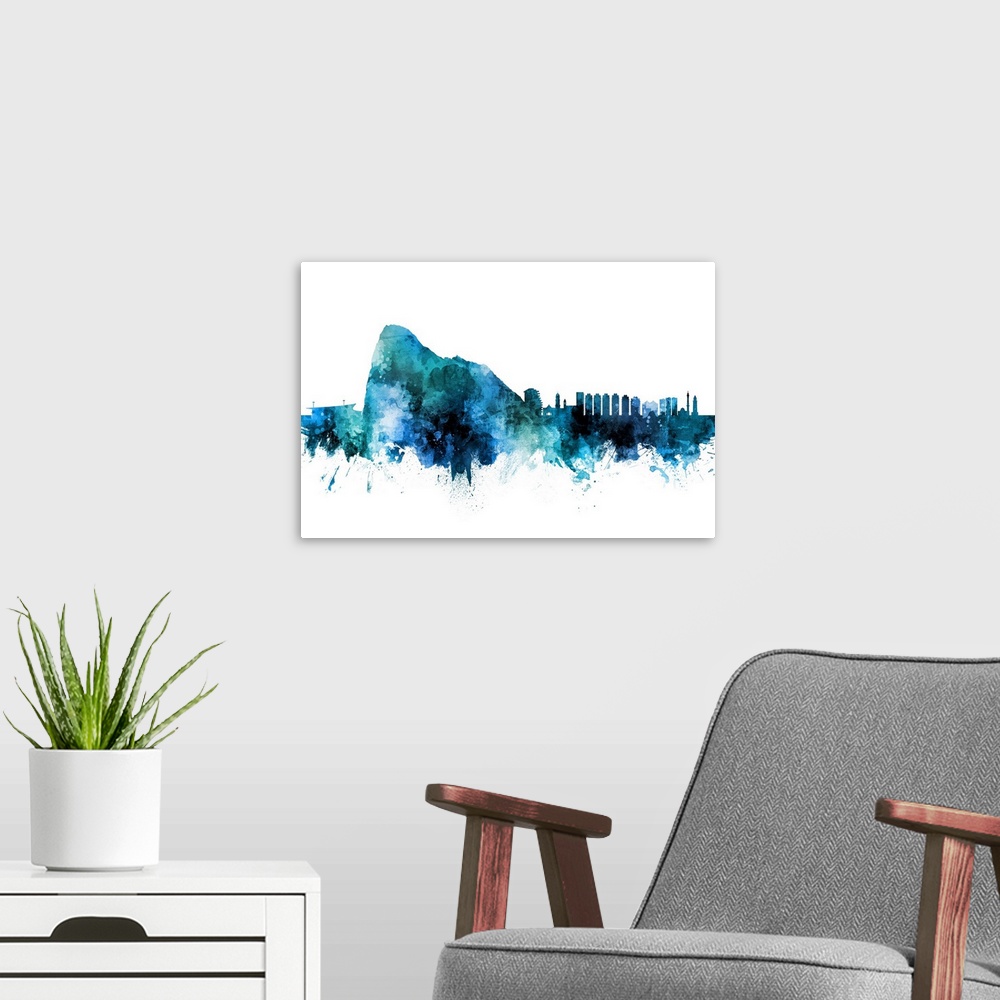 A modern room featuring Watercolor art print of the skyline of Gibraltar.