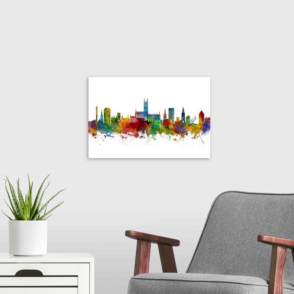 A modern room featuring Watercolor art print of the skyline of Gloucester, England, United Kingdom.