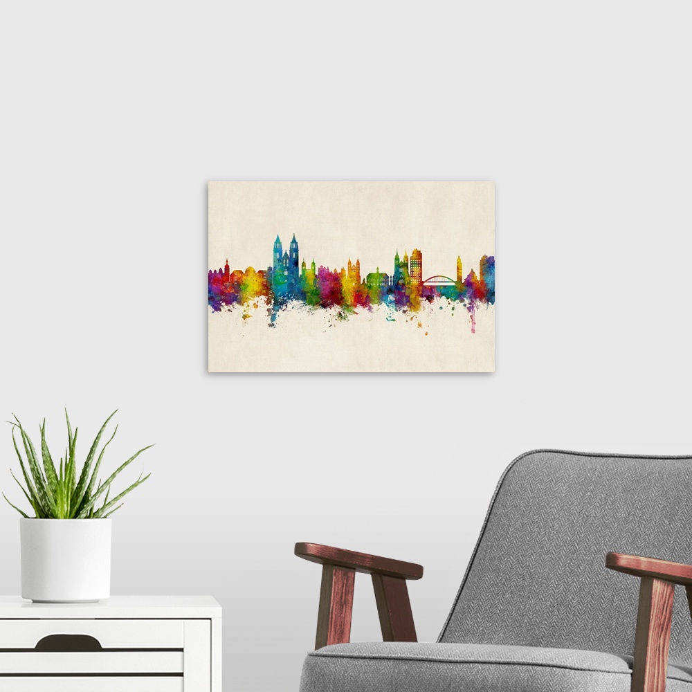 A modern room featuring Watercolor art print of the skyline of Magdeburg, Germany