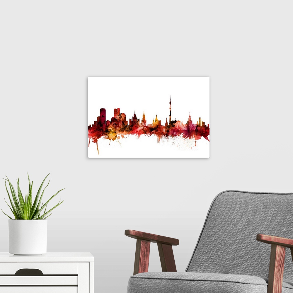 A modern room featuring Watercolor art print of the skyline of Moscow, Russia.