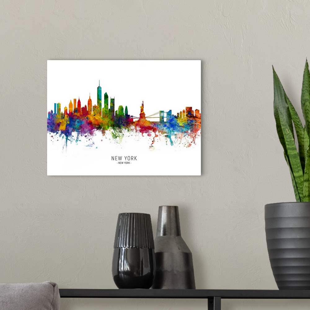 A modern room featuring Watercolor art print of the skyline of the City of New York, New York, United States.