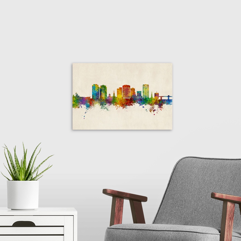A modern room featuring Watercolor art print of the skyline of Norfolk, Virginia