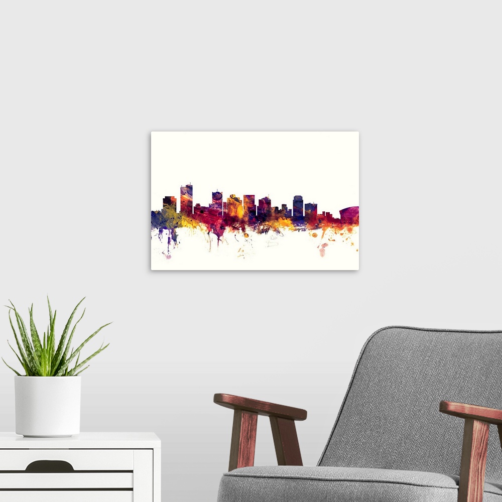 A modern room featuring Dark watercolor splattered silhouette of the Phoenix city skyline.