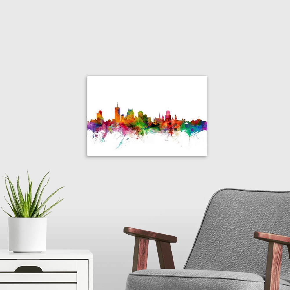 A modern room featuring Watercolor artwork of the Quebec skyline against a white background.