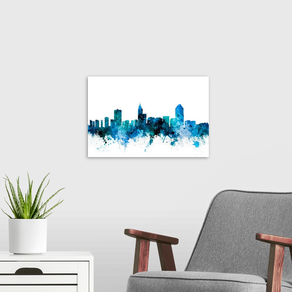 A modern room featuring Watercolor art print of the skyline of Raleigh, North Carolina, United States.