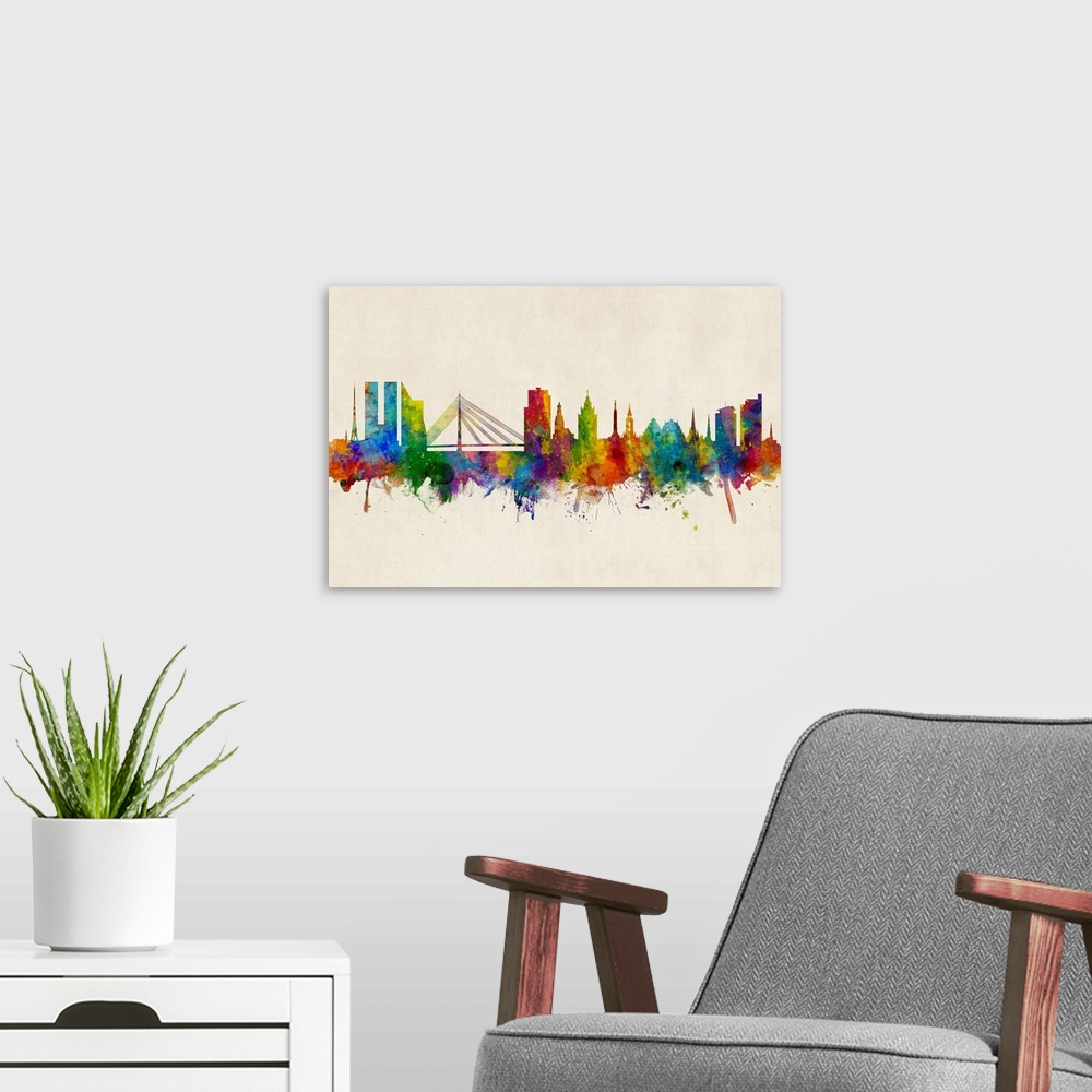 A modern room featuring Watercolor art print of the skyline of Riga, Latvia