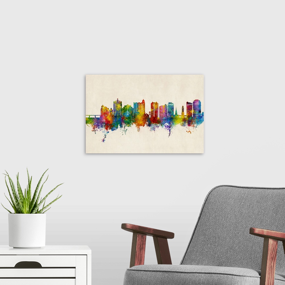 A modern room featuring Watercolor art print of the skyline of Sarasota, Florida, United States