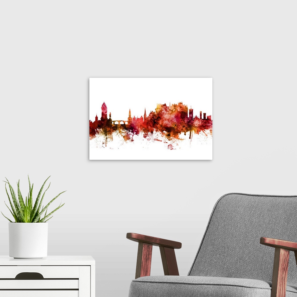 A modern room featuring Watercolor art print of the skyline of Stirling, Scotland, United Kingdom.