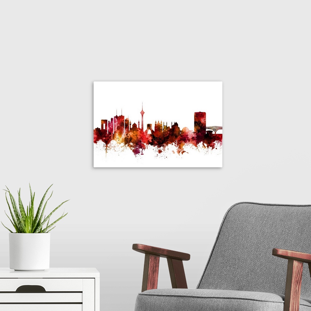 A modern room featuring Watercolor art print of the skyline of Tehran, Iran.