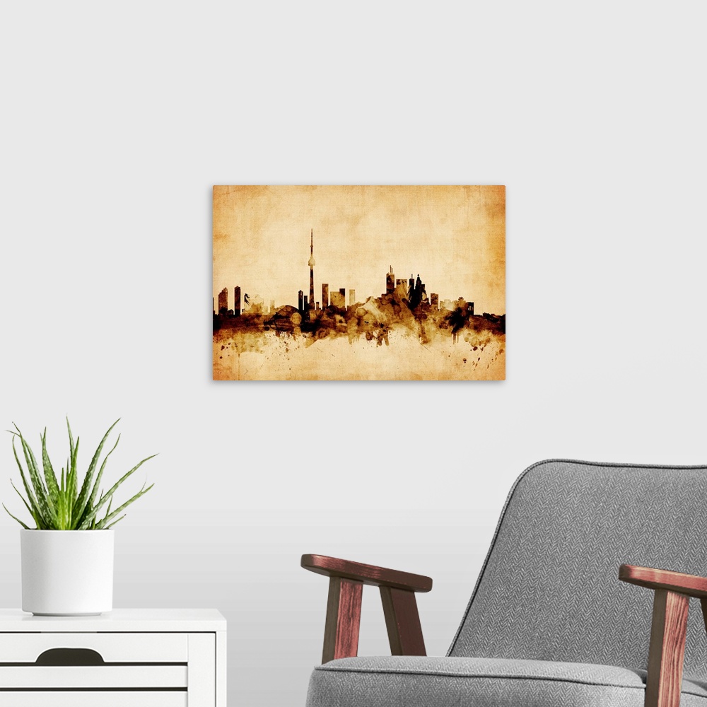 A modern room featuring Contemporary artwork of the Toronto city skyline in a vintage distressed look.