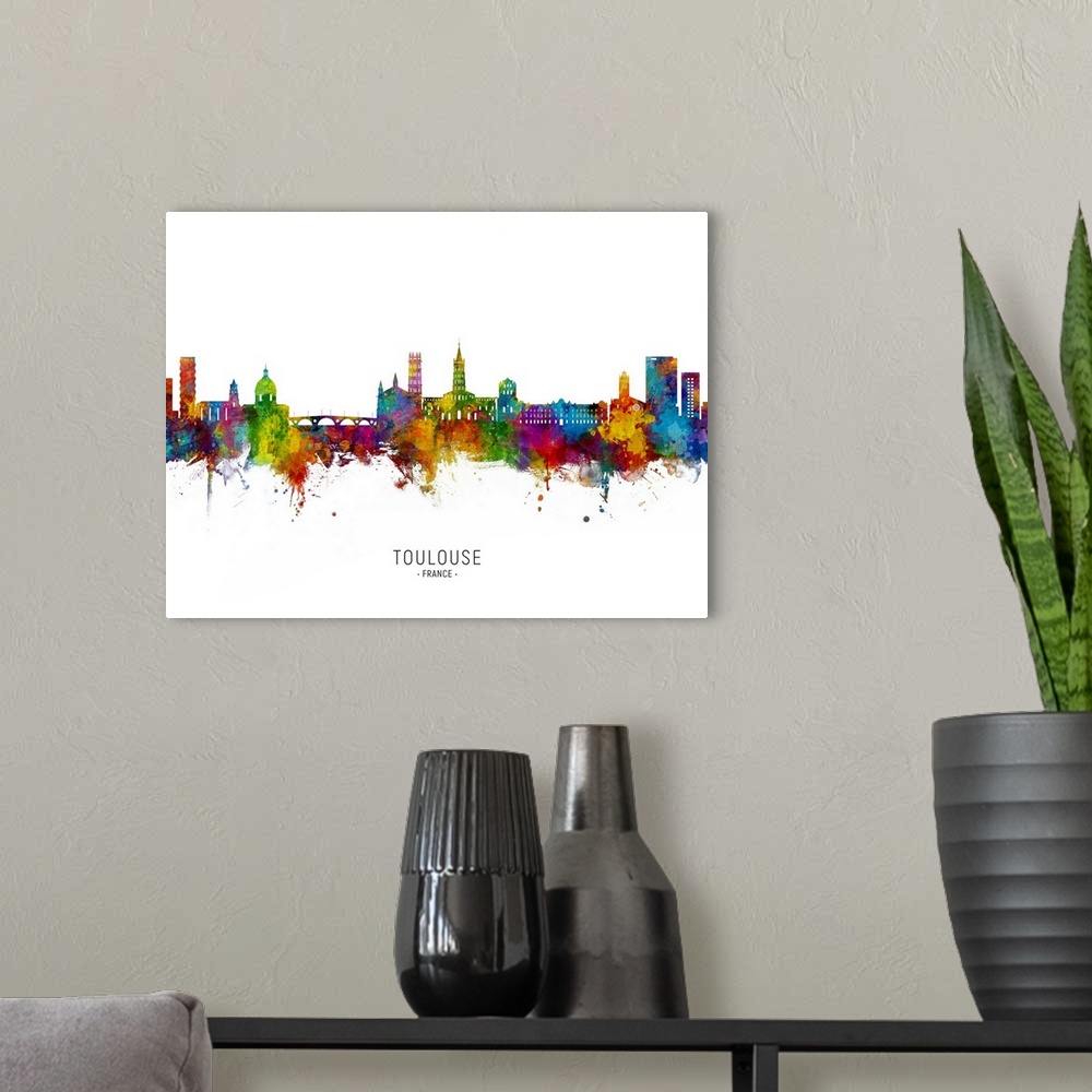 A modern room featuring Watercolor art print of the skyline of Toulouse, France