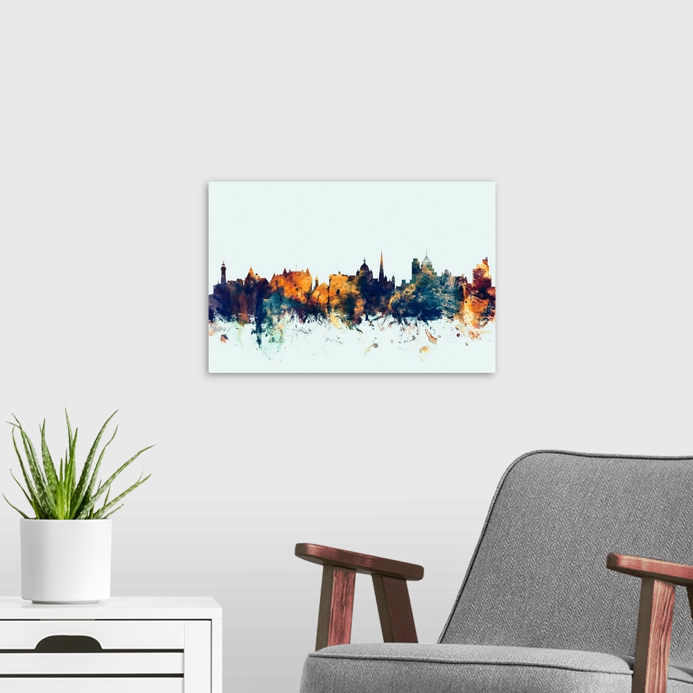 A modern room featuring Watercolor art print of the skyline of the city of Victoria, British Columbia, Canada.