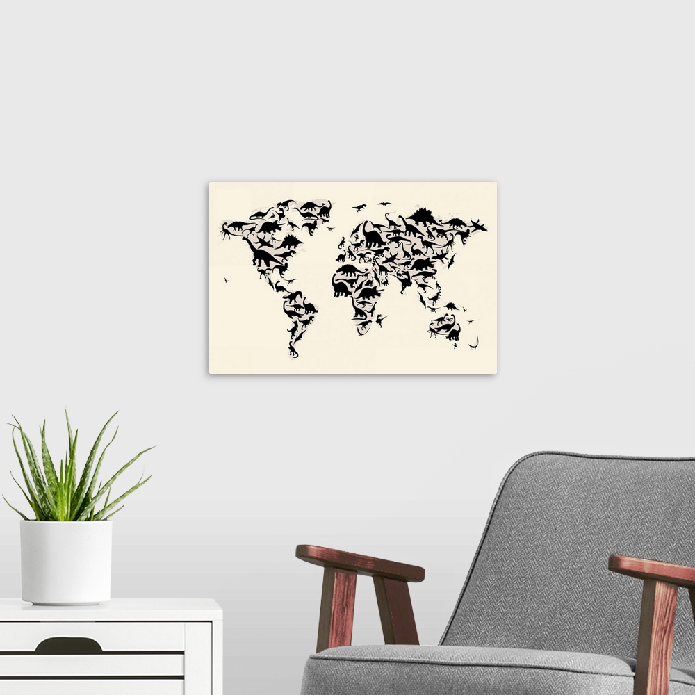 A modern room featuring Large, landscape wall hanging of the world map made up of the silhouettes of various dinosaurs, o...