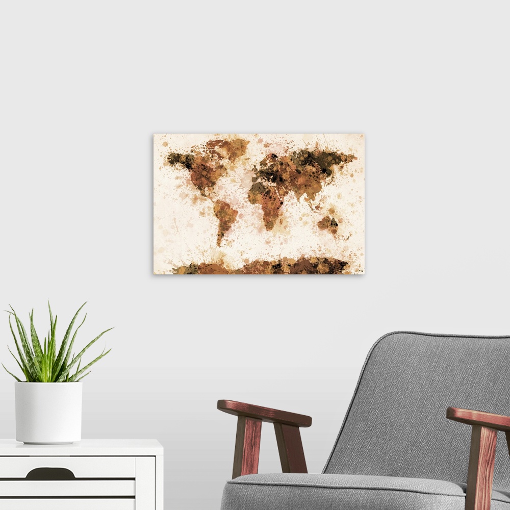 A modern room featuring Map of the world with its continents made of varying shades of ink splatters.