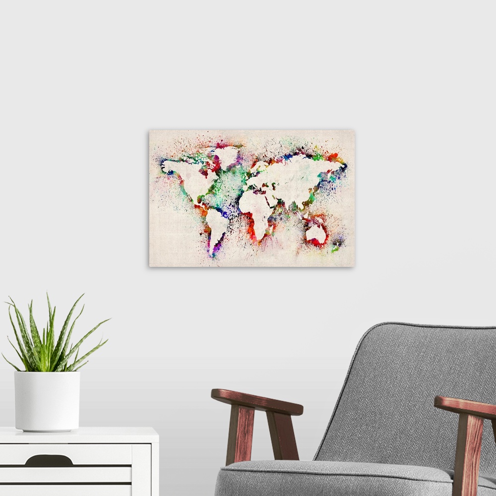 A modern room featuring Large illustrated world map shows the placement of countries by outlining them with a vibrant ass...