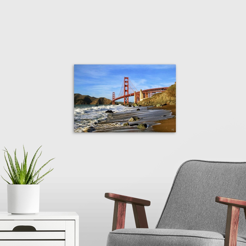 A modern room featuring A walk toward the Golden Gate Bridge on Marshall Beach, part of the San Francisco coastline. Acro...