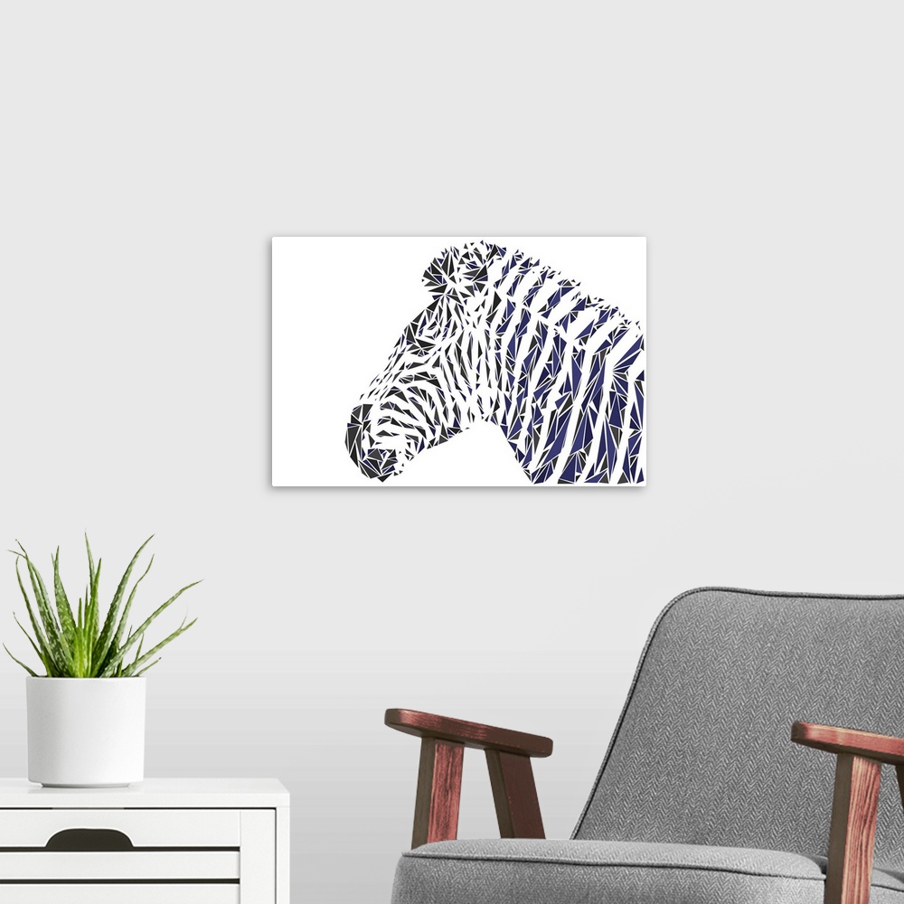 A modern room featuring A striped zebra made up of triangular geometric shapes.