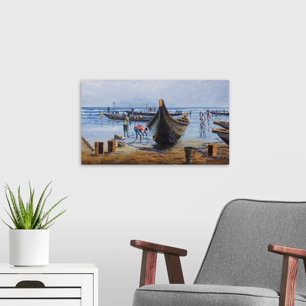 A modern room featuring Fishermen beach their boats on the sands. After a departure at dawn, they will sell their catch t...