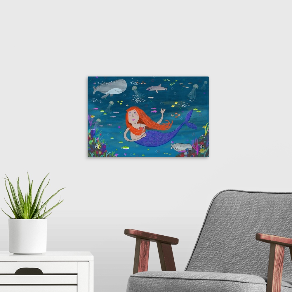 A modern room featuring Underwater scene of mermaid, illustrated by illustrator Carla Daly