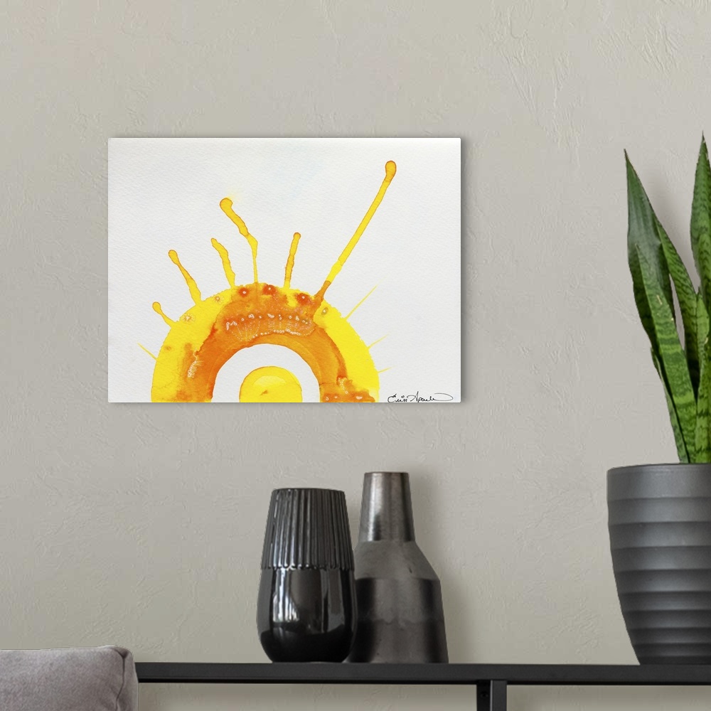 A modern room featuring Liquid rays of bright yellow and neon orange explode off of the sun like solar flares.