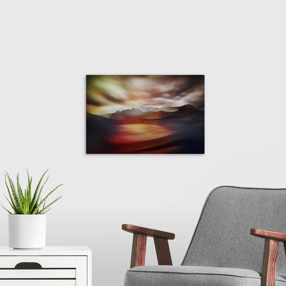 A modern room featuring Abstract landscape. The original is a studio shot of water reflecting colors. The shape of the mo...