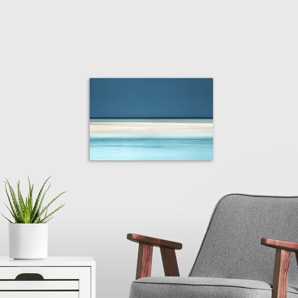 A modern room featuring Minimalist abstract of summer water around a sandbank in cream and teal.