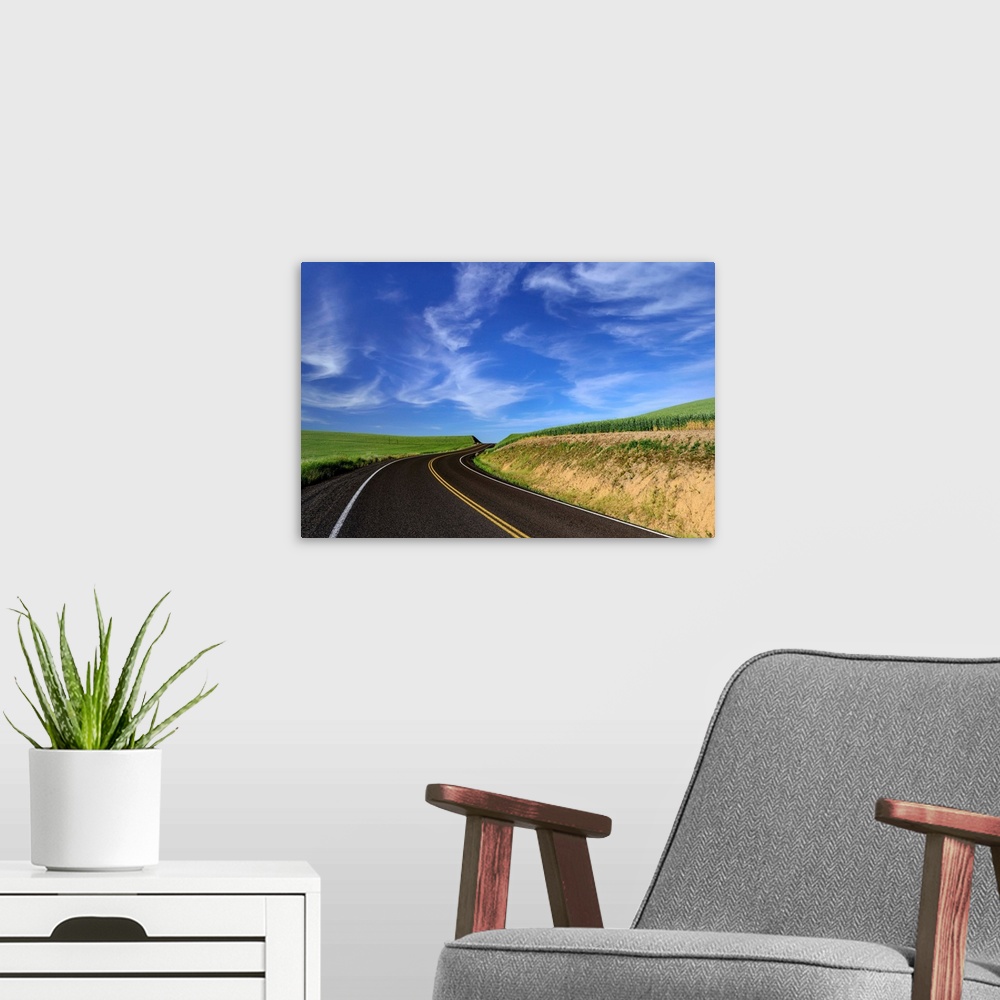 A modern room featuring Paved road through the fields of Palouse, Washington, under a blue sky.