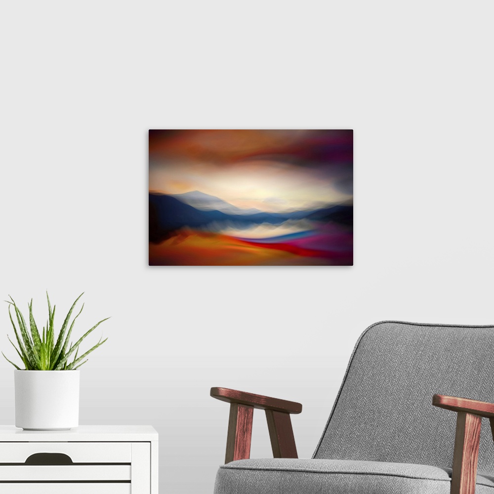 A modern room featuring Abstract image of Slocan Lake, giving an impression of a sunset over the lake. The image is a com...