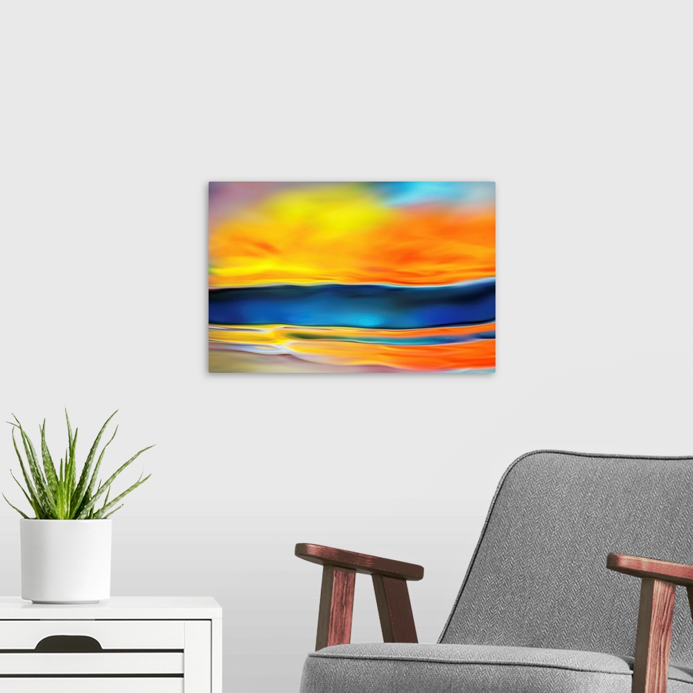 A modern room featuring Abstract photo of smooth waves in contrasting warm and cool tones.