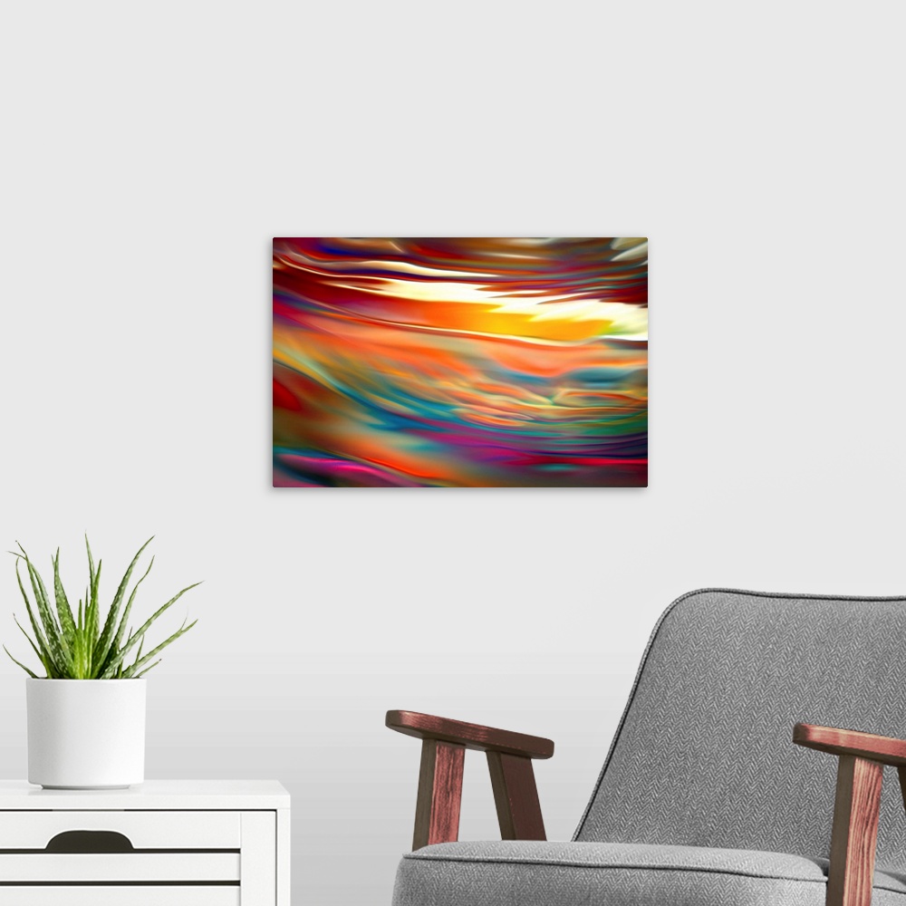 A modern room featuring Artistic abstract photograph of a close-up of a multi-colored water.