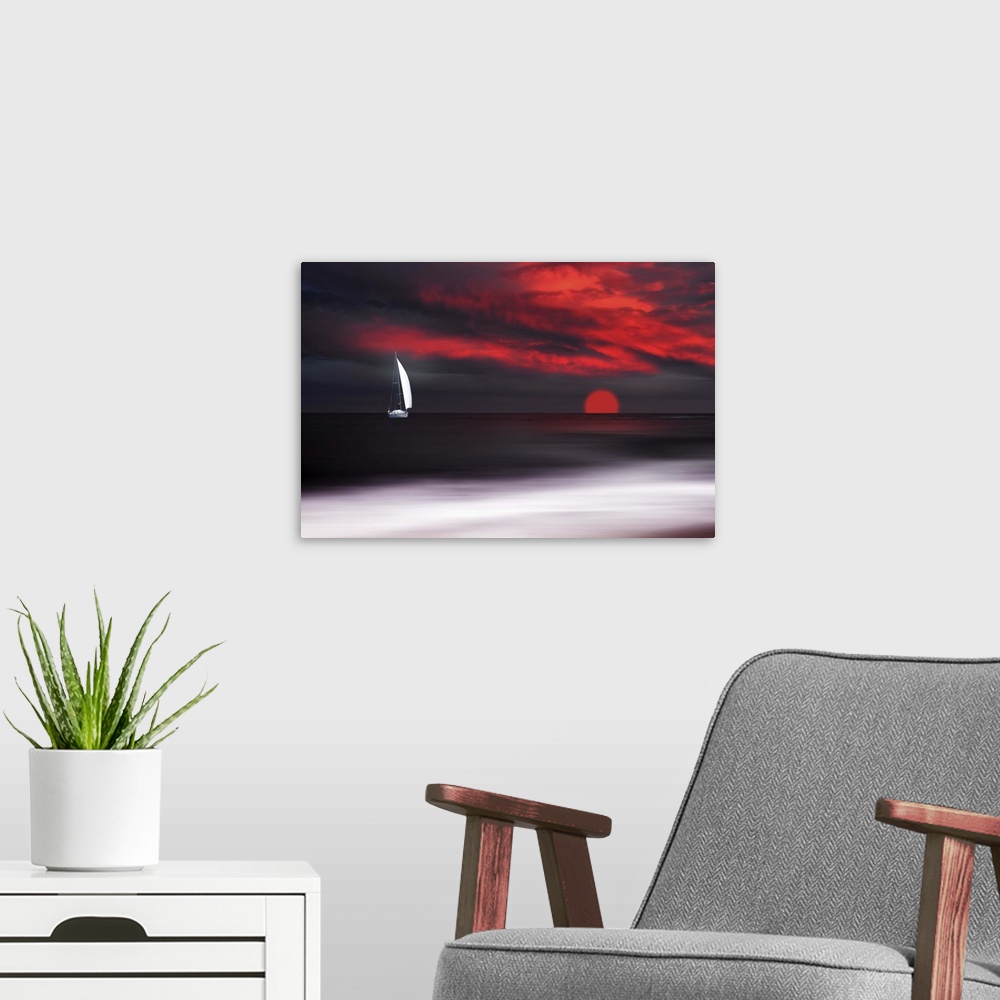 A modern room featuring Sunset and white sailboat