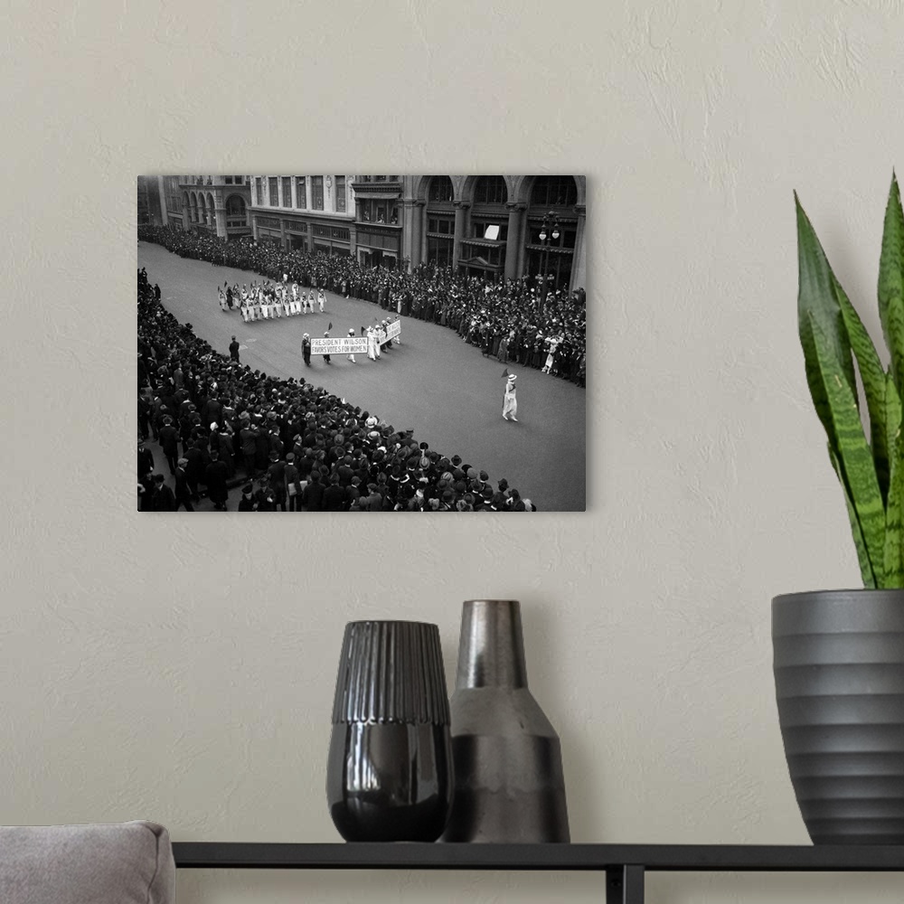 A modern room featuring 1910's Overhead View Of A Large Crowd Watching People Marching In A Suffrage Parade Circa 1914.