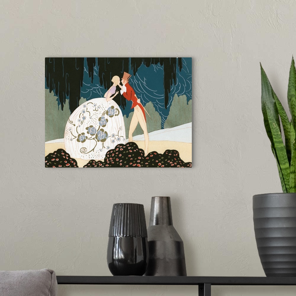 A modern room featuring 1920s Art Deco Illustration Couple About To Kiss Woman Wearing White Silver Balloon Shaped Gown S...