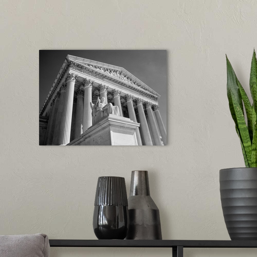 A modern room featuring 1980's Federal Supreme Court Building Low Angle Front Shot Washington Dc USA.