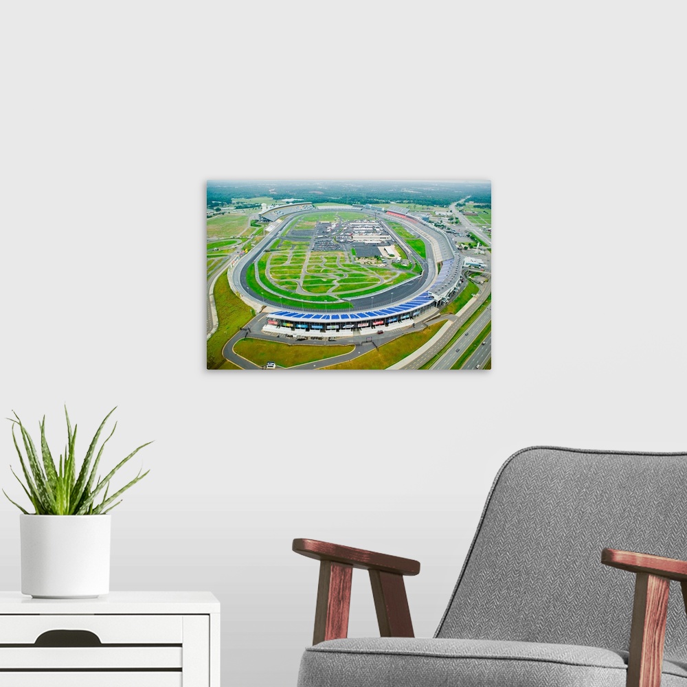 A modern room featuring Aerial view of North Carolina Speedway in Charlotte, NC