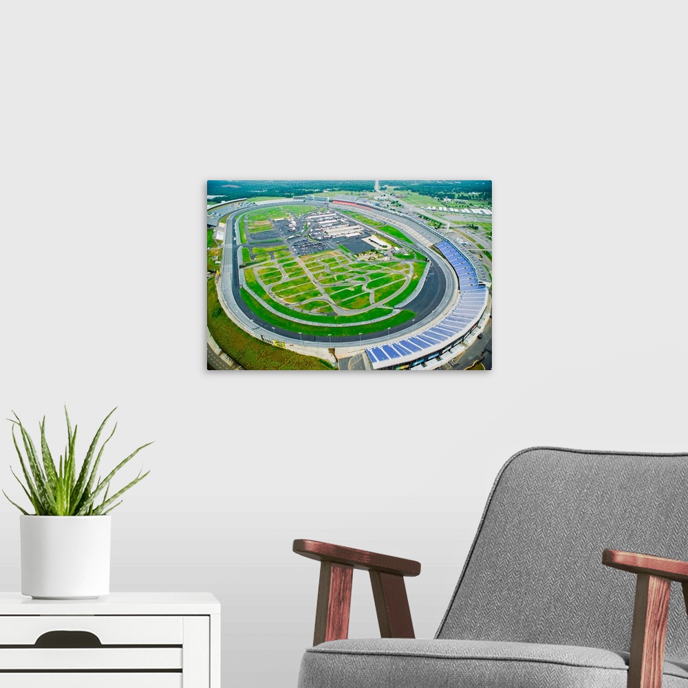 A modern room featuring Aerial view of North Carolina Speedway in Charlotte, NC