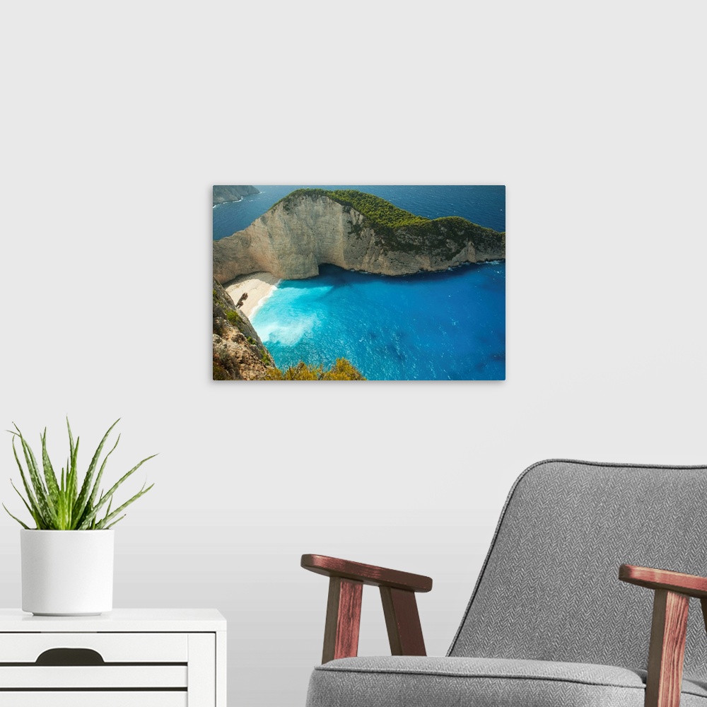A modern room featuring Aerial view of shipwreck bay, Zakynthos, Ionian Islands, Greece