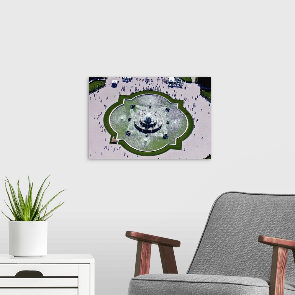 A modern room featuring Aerial view of the Buckingham Fountain at Grant Park, Chicago, Cook County, Illinois