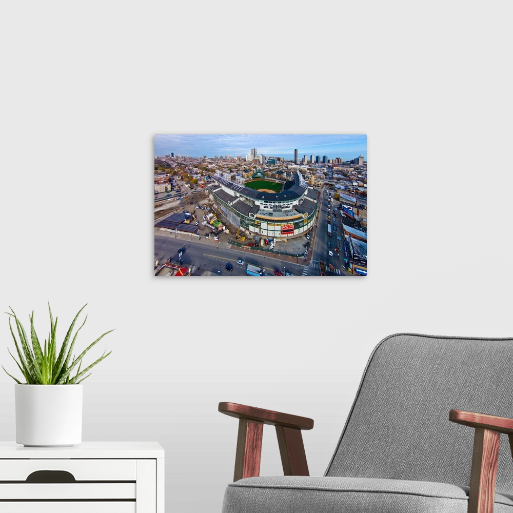 A modern room featuring Aerial view of Wrigley Field, Chicago, Cook County, Illinois, USA