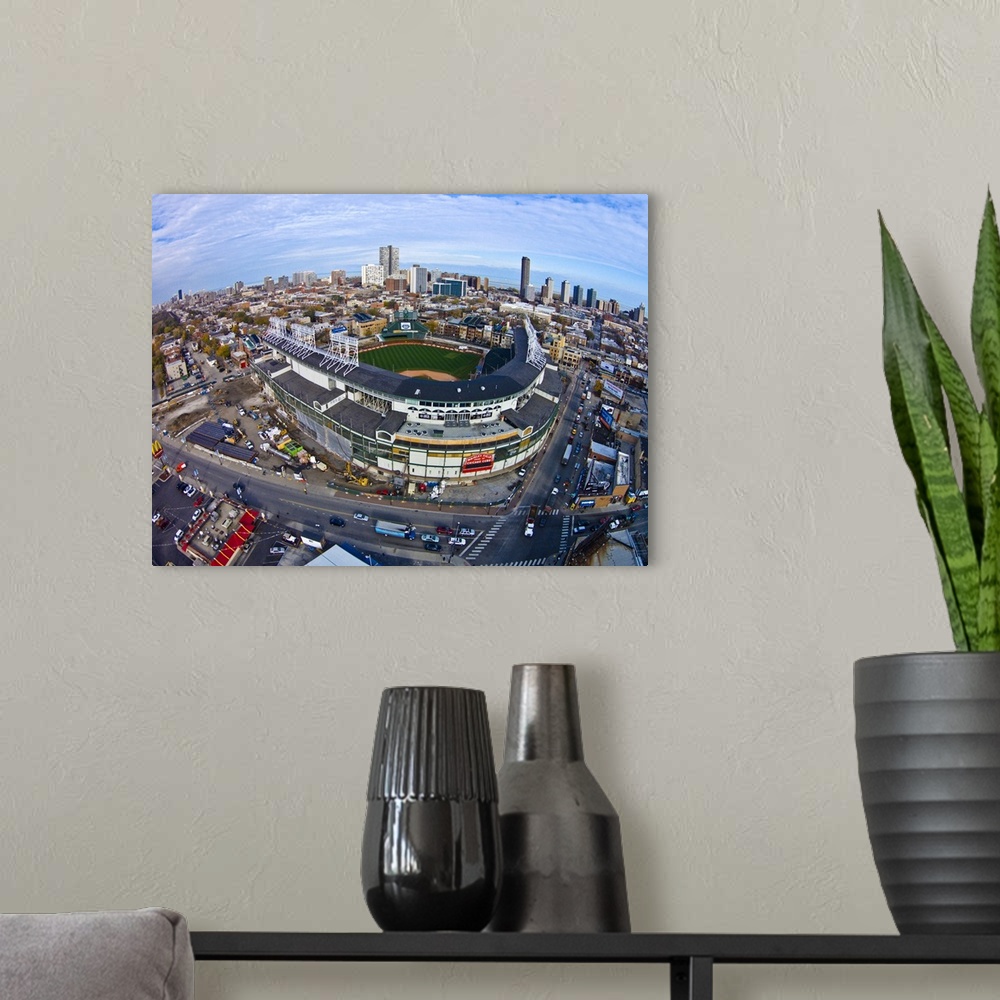 A modern room featuring Aerial view of Wrigley Field, Chicago, Cook County, Illinois, USA