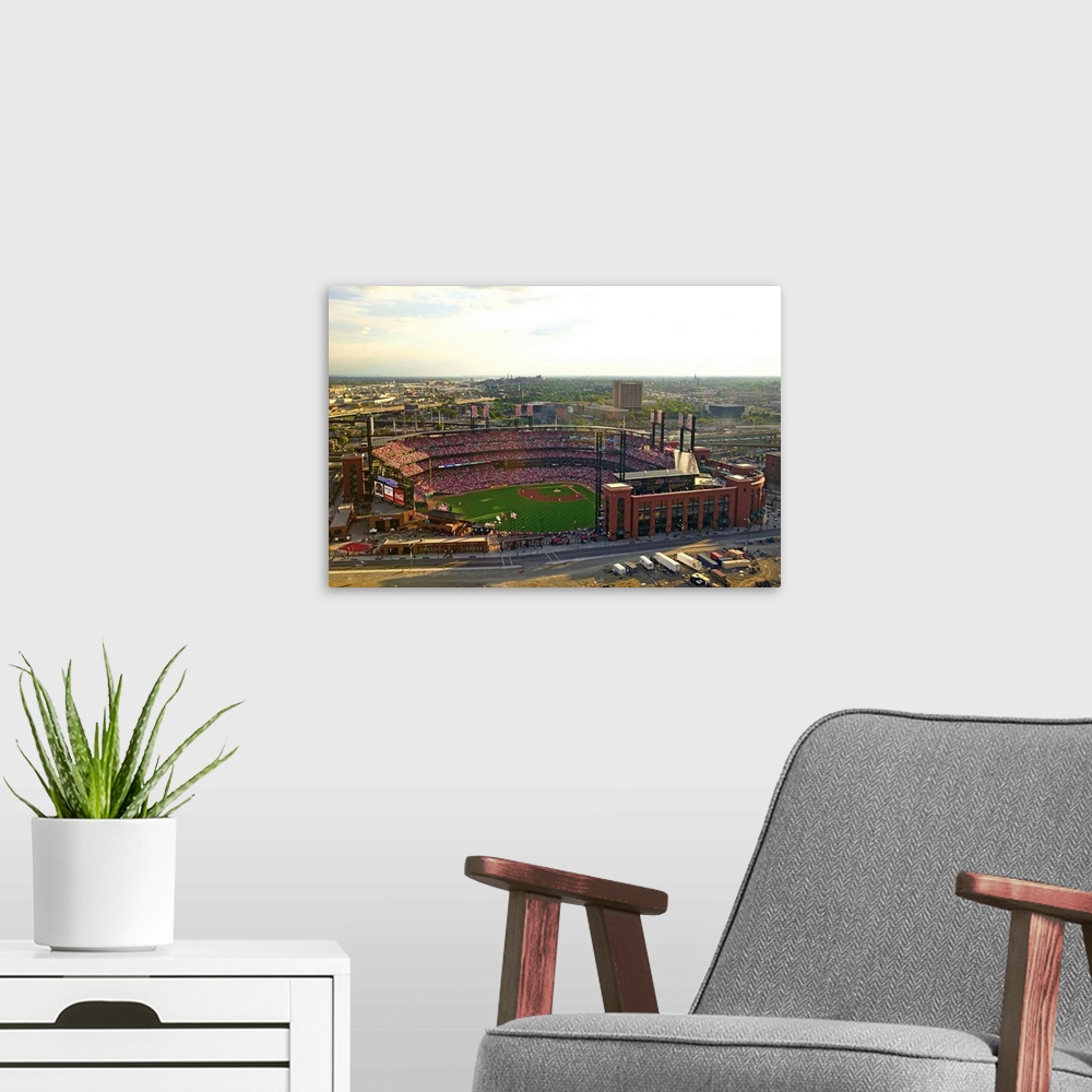 A modern room featuring An elevated view of the third Busch Stadium, St. Louis, Missouri, where the Pittsburgh Pirates be...