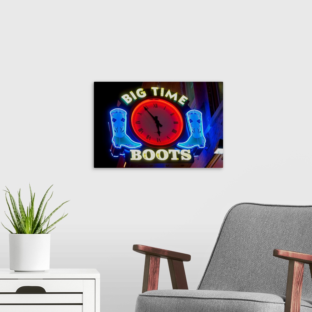 A modern room featuring Big Time Boots Neon Sign, Lower Broadway, Nashville, Tennessee