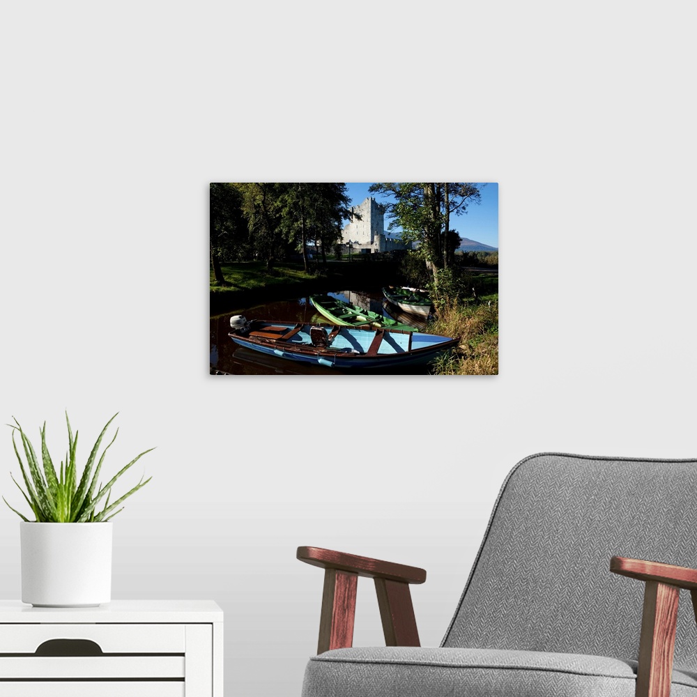 A modern room featuring Boats Beside Ross Castle on the Shores of Lough Leane, Killarney National Park, Ireland