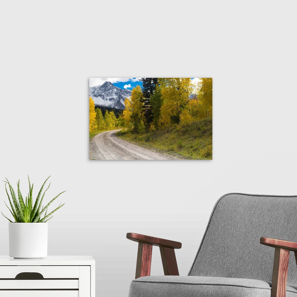 A modern room featuring Dirt road passing through a forest, Maroon Bells, Maroon Creek Valley, Aspen, Pitkin County, Colo...