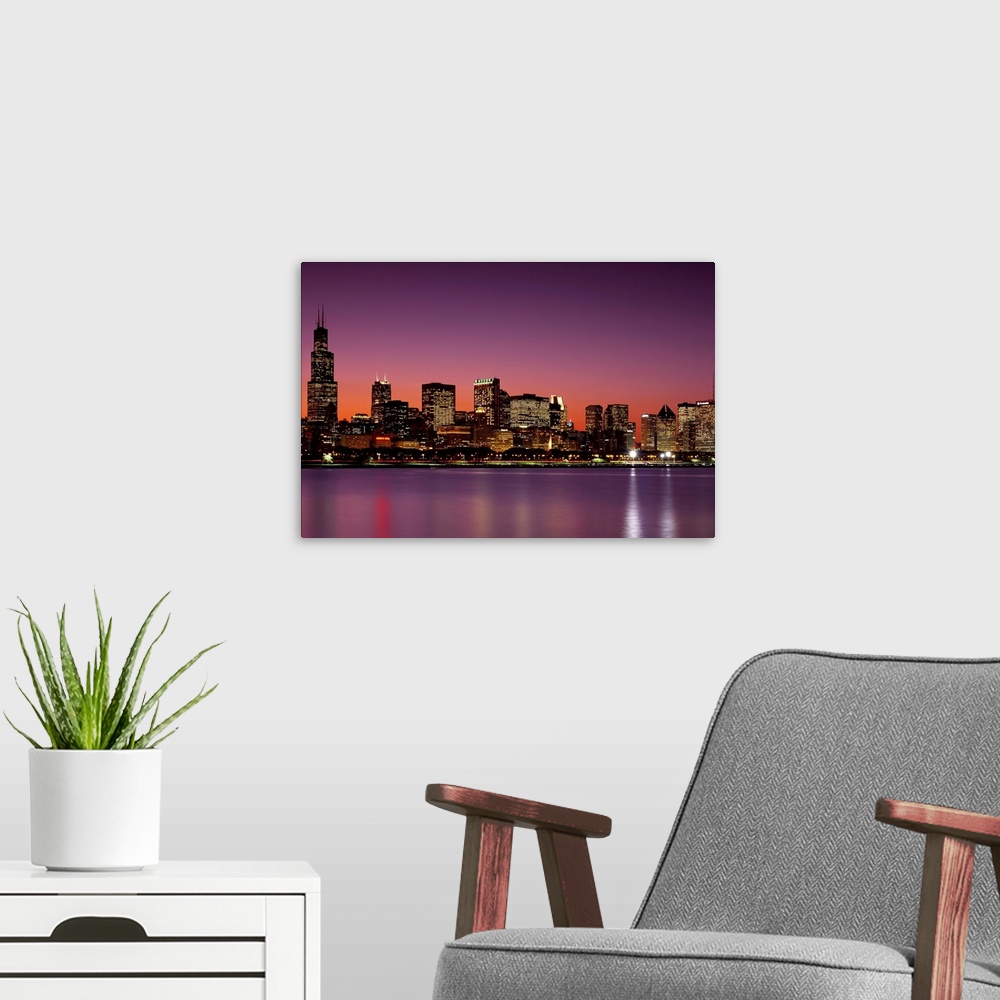 A modern room featuring Dusk, Skyline, Chicago, Illinois, USA